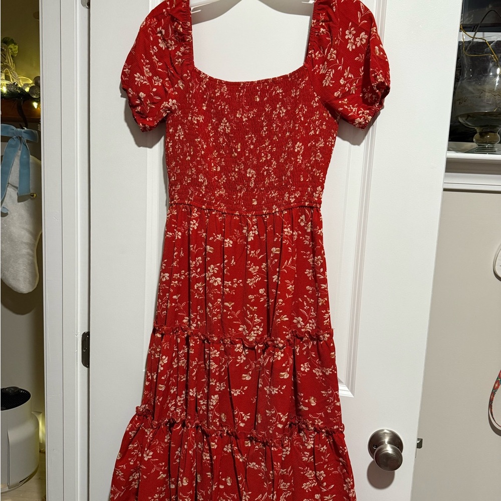Red Floral Puff Sleeve Dress